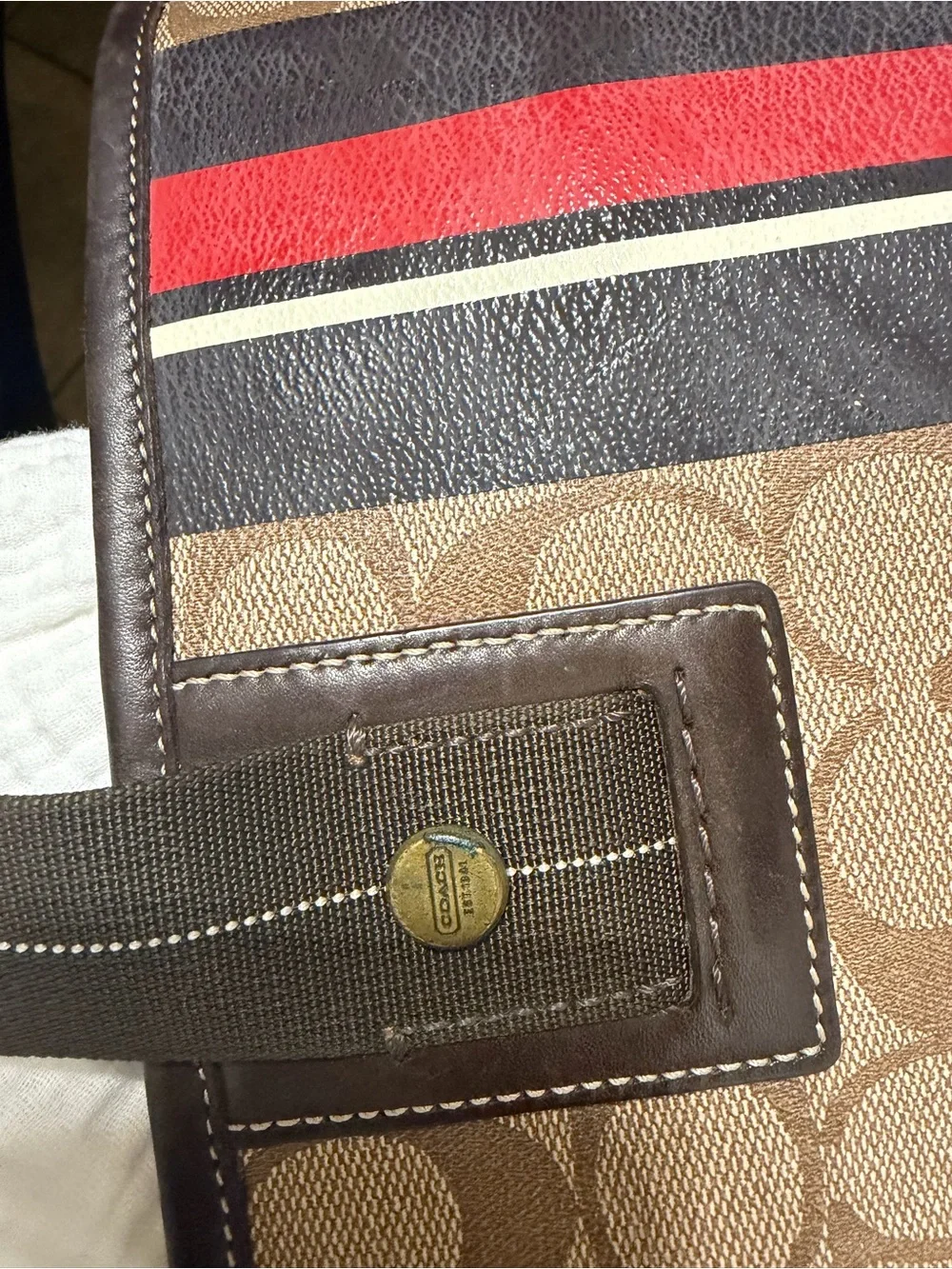 Coach Brown Signature Stripe Messenger Tote with Red & Navy Accents